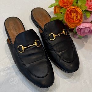 Authentic Gucci Black Leather Mules with Gold Horsebit Buckle